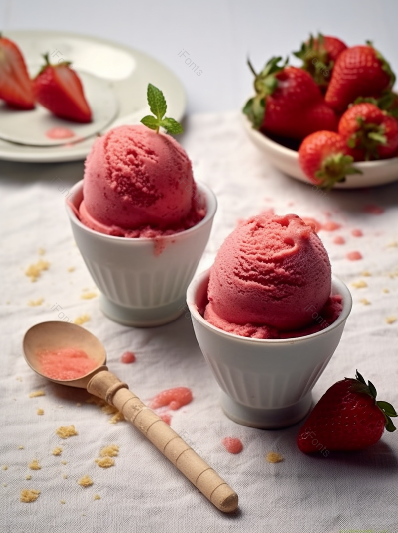 白色桌面背景上点缀着花生的草莓冰淇淋,高清,摄影图,摄影图片,图片大全,摄影图免费下载